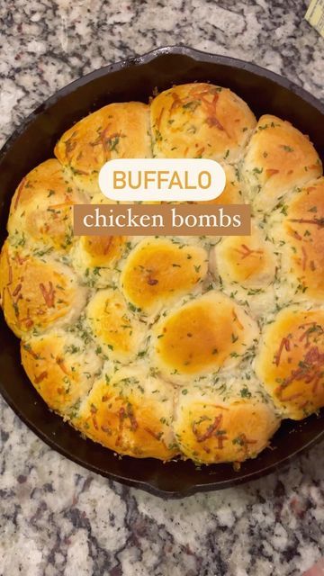 LEXINGTON || on Instagram: "RECIPE⬇️ still obsessed with these buffalo chicken bombs 🤤I used rotisserie chicken to make it even faster (about 2 cups). Ingredients / instructions Combine: •2 shredded chicken breasts • 2/3 cup Cream cheese • 1/3 cup ranch • 1/3 cup Buffalo sauce • 1 cup Mozzarella cheese MIX • grease cast iron pan • cut 8 biscuits in half • flatten out each half • stuff with a little chicken filling and pinch in sides to make a ball • repeat until all 16 bombs are done! Cook 375 Buffalo Chicken Biscuit Bites, Garlic Buffalo Chicken, Buffalo Chicken Biscuits, Buffalo Chicken Puffs, Buffalo Chicken Bombers Recipes, Buffalo Chicken Bombshell, Buffalo Chicken Crescent Rolls, Chicken Stuffed Biscuits, Buffalo Chicken Cream Cheese