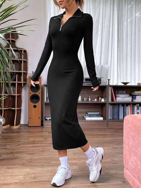 Black Casual Collar Long Sleeve Knitted Fabric Plain Bodycon Embellished Slight Stretch  Women Clothing Body Suit Dress Outfits, Collar Bodycon Dress, Body Con Dress Casual, Long Bodycon Dress Outfit Winter, Long Bodycon Dress Outfit Casual, Black Bodycon Dress Outfit Classy, Long Bodycon Dress Outfit, Black Bodycon Dress Outfit, Silk Bodycon Dress