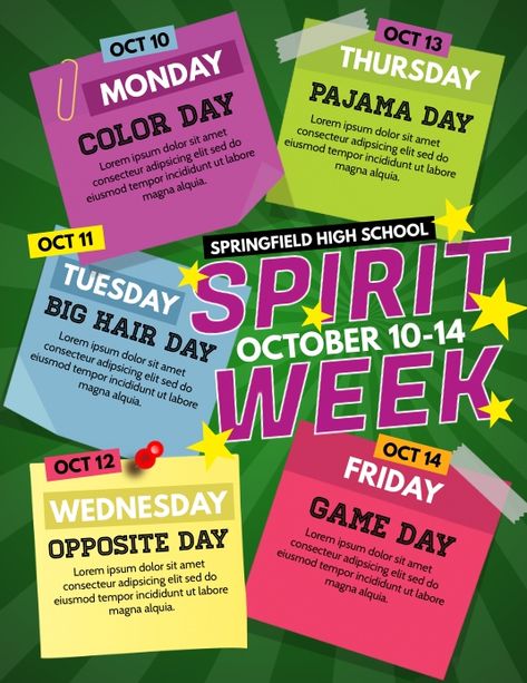 spirit week flyers, school spirit week event flyer, school events, educational flyers, school activities. October Spirit Week Ideas, Celebrity Day Spirit Week, Spirit Week Themes, Spirit Week Ideas, Spirit Day Ideas, Welcome Week, School Spirit Week, Homecoming Spirit Week, School Spirit Days