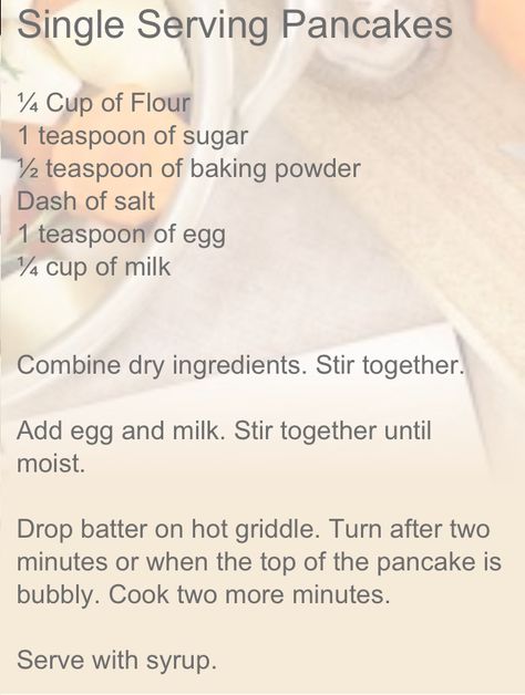 single serve pancakes Pancakes For 1 Person, 1 Serving Pancake Recipe, Single Serve Banana Pancakes, Pancake Recipe One Person, 1 Person Pancake Recipe, Single Pancake Recipe, One Serving Pancake Recipe, Single Serve Pancake Recipe, Single Serve Waffle Recipe