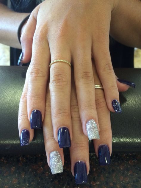 Navy Blue And Glitter Nails, Dark Blue And Silver Glitter Nails, Midnight Blue Nails With Silver, Sparkly Navy Blue And Silver Nails, Midnight Blue Coffin Acrylic Nails, Dark Navy Blue And Silver Nails, Navy Silver White Nails, Navy Blue White And Silver Nails, Navy Nails For Wedding