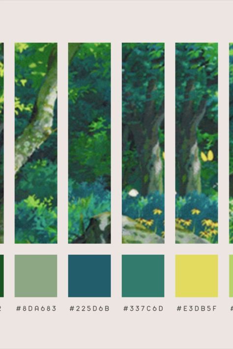 notion color palette inspired by nature My Neighbor Totoro Color Palette, Notion Color Palette, Studio Ghibli Color Palette, Ghibli Color Palette, Photography Practice, Cozy Colors Palette, Pallet Color, Wind Rises, Color Script