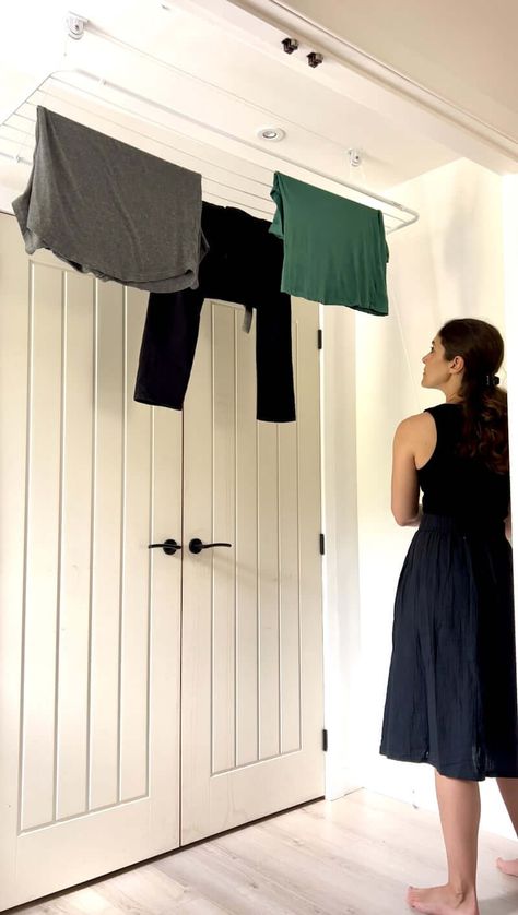 Wondering if a laundry pulley system is right for you? We've used this ceiling dry rack for a month and are sharing 10 notable pros and cons! Apartment Laundry, Laundry Room Drying Rack, Modern Farmhouse Ideas, Laundry Shelves, Small Laundry Room Makeover, Laundry Rack, Drying Rack Laundry, Office Guest Room, Guest Room Office