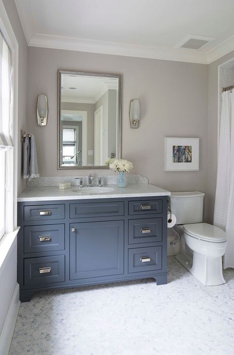 Blue Bathrooms Designs, Navy Blue Bathrooms, Navy Bathroom, Blue Bathroom Vanity, Blue Vanity, Bathroom Paint Colors, Boys Bathroom, Trendy Bathroom, Blue Bathroom