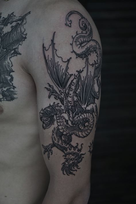 Dragon Tattoo Medieval, Woodcut Dragon Tattoo, Knight And Dragon Tattoo, Men’s Stomach Tattoo Designs, Manticore Tattoo, Etching Tattoo Sleeve, European Dragon Tattoo, Medieval Tattoo Sleeve, Deer Tattoo Men