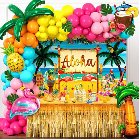 PRICES MAY VARY. 🌴151 Pcs Hawaiian Luau Party Decorations:The tropical balloon garland arch kit includes 25pcs 12 inch balloons, 75pcs 10inch balloons, 25pcs 5inch balloons, 1pcs aloha backdrop,1pcs table skirt,9pcs foil balloon,12pcs tropical palm leaves, 1pc ribbon, 100 glue points and 1pc balloon chain. Host an unforgettable Hawaiian luau party 🌴Simple Assembly: Inflate the balloons of various colors and sizes, thread them through the holes in the plastic strip, and secure them in place wit Aloha Party Decorations, Hawaii Birthday Party, Hawaiian Luau Party Decorations, Pool Party Supplies, Hawaii Themed Party, Hawaiian Party Theme, Pool Party Themes, Luau Party Supplies, Beach Pool Party