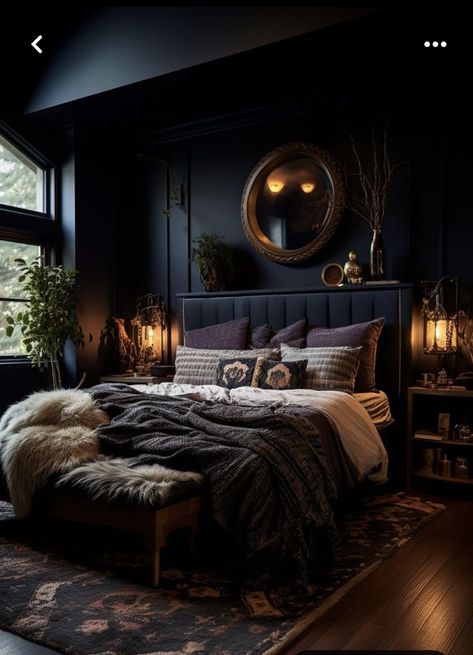 Bedroom Wall Decorations Aesthetic, Gothic Nature Aesthetic Bedroom, Black Attic Bedroom, Earthy Home Decor Ideas, Minimalist Goth Bedroom, Dark Bedroom Ideas For Couples, Seductive Bedroom Ideas Romantic, Moody Bedrooms, Goth Bedroom Ideas