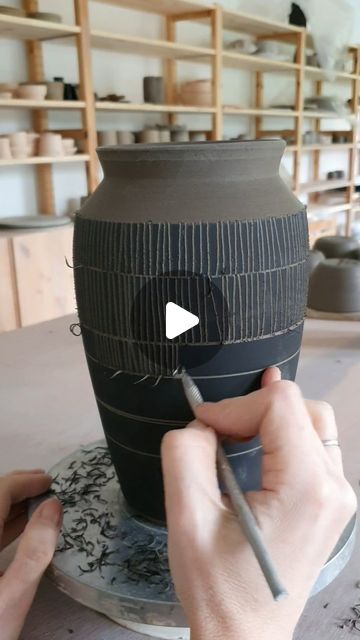 Hilda Carr Pottery on Instagram: "This one made my eyes go a bit squiffy... It'll be glazed in the next week or so and I'll let you know how it turns out! - - #sgraffito #potteryvideos #instapottery #instapotterylovers #ceramics #ceramicsstudio #potterystudio #potterythrowdown #potterytechniques #carvedclay #carvedpottery #handcarved #carveyourclay #satisfyingvideos #myhomestyle #styleonmytable" Sgraffito With Underglaze, Ceramic Office Accessories, Scrafitto Ceramics Ideas, Ceramic Carving Designs Patterns, Drawings On Ceramics, Pottery Underglaze Designs, Black Clay Pottery Glazing Techniques, Sgraffito Technique Tutorials, Sgraffito Ceramics Ideas