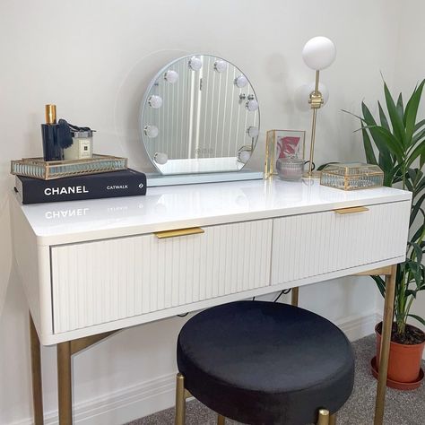 Cult Furniture on Instagram: “Anybody else wish they had this vanity set up!? 💋📸:@steeplechase.home 🔎:#Stockholmlowstool” Scandi Vanity Table, White Gloss Dressing Table, Storage For Makeup, Vanity Set Up, Cabinet Finishes, Gold Bedroom, Low Stool, Bedding Stores, High Gloss White