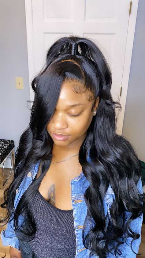 Half Up Half Down Weave With Bangs, Highlights Half Up Half Down Weave, Lace Front Half Up Half Down Swoop, Frontal Wig Hairstyles Straight Half Up Half Down, Half Up And Down With Swoop, Half Up Frontal Hairstyles, Half Up Frontal Wig, Half Up Half Down Hairstyles Lace Wig, Hairstyles For Frontals