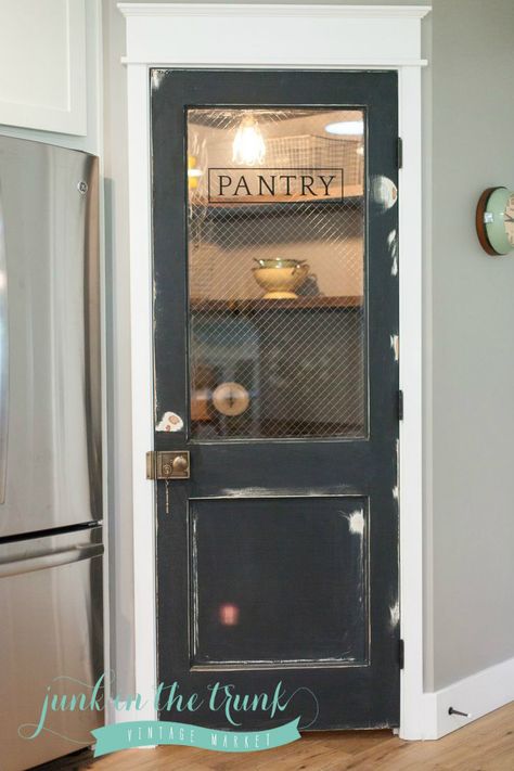 pantry black with logo - lose the wire glass...that stuff is dangerous.  Looks cool but unless it's chicken wire attached on the other side not cool. Vintage Doors Repurposed, Door Repurposed, Wooden Ladders, Vintage Pantry, Pantry Doors, Doors Repurposed, Pantry Door, Butler's Pantry, Old Doors