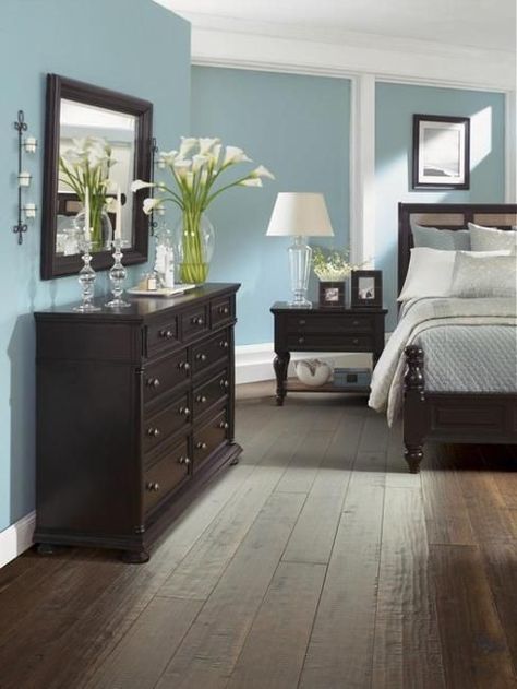 brown colors and light blue color design, modern interiors                                                                                                                                                                                 More #BedroomIdeas Dark Wood Bedroom Furniture, Dark Wood Bedroom, Dark Brown Furniture, Balinese Decor, Walls Ideas, Dark Wood Furniture, Beautiful Bedrooms Master, Painting Walls, Wood Bedroom Furniture