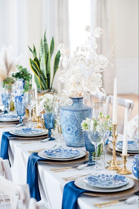 Ideas for pops of blue in your wedding reception table decor. Vendors: Photographer: Southern Vintage Photography; Event Venue: South Carolina Society Hall; Event Planner: Elizabeth Elkins Weddings & Events; Beauty: Silhouette On Site; Floral Designer: Creech’s Florist; Shoes: Kheloni; Cinema and Video: Palmetto Wedding Films; Caterer: Peared To Bee; Ring Designer: Polly’s Fine Jewelry; Hair Stylist: Brie Tallman Hair; Transportation: Whip Dash; Bridesmaid Dresses: Bella Bridesmaids; Dress Desi Greek Inspired Wedding, Blue Wedding Details, Floral Tablescape, White Tablescape, Chinoiserie Wedding, Southern Vintage, Beautiful Wedding Centerpiece, Halloween Tablescape, Neutral Wedding Colors