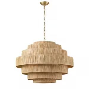 Boho 30.7 in. 5-Light 7-Tier Gold Hand-Woven Rattan Wicker Chandelier with Large Paper Shade Large Bedroom Chandelier, Coastal Dining Room Lighting Chandeliers, Coastal Chandelier Living Room, Large Rattan Chandelier, Light Fixtures Living Room Ceiling, Light Arrangements, Woven Chandelier, Wicker Chandelier, Coastal Room Decor