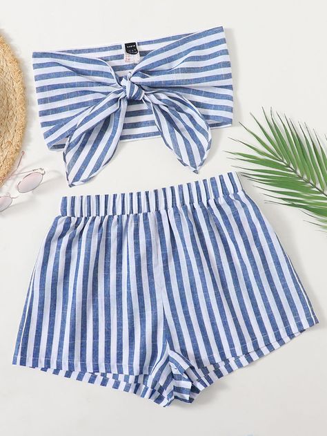 Blue and White Boho  Sleeveless Cotton Striped  Embellished Non-Stretch Summer Plus Size Co-Ords Elastic Waist Shorts Outfit, Tube Top And Shorts, Crop Tube Top, Striped Tube Top, Top Shorts Set, Women's Outfit Sets, Stylish Summer Outfits, Shorts Outfits, Crop Top Shirts