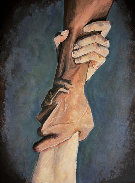 Painting Of Hands Reaching, Hope Themed Art, Picking Up The Pieces Art, Reaching For Each Other, Realistic Hand Painting, Thermal Hands Art, Painting On Friendship, Hands Doing Things, Hands In Art