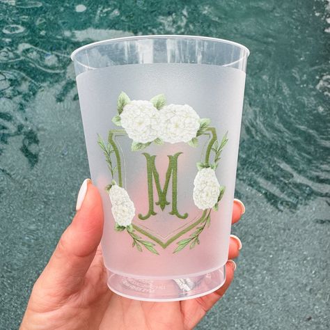 Show off your custom crest with our Full Color Hydrangea Initial Crest Shatterproof Cups. Send us with your custom full color art and we will print in stunning full color on our 12, 16, or 20 oz shatterproof frosted cups - the recommended style of cup from all of our wedding planners. Side two printing available for an extra fee, please see dropdown for available quantities and pricing for 2 sided printing. The artwork in this listing was custom purchased and provided by previous client. These cups are perfect for serving beer, wine, cocktails and soft drinks. Elegant for poolside and bar.  Perfect for venues that do not allow glass any longer. Available in 2 sizes, and a number of colors for customizing any text added to the cups - the cactus come printed as shown.  The cups are reusable. Custom Cups Wedding, Wedding Reception Cups, Frosted Wedding Cups, Wedding Miscellaneous, Frosted Cups, Monogram Cups, Random Products, Fav Products, Frosted Cup