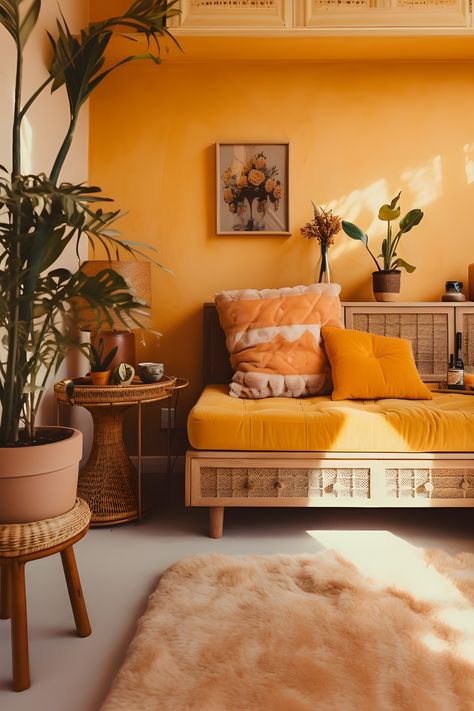 Bright and inviting boho living room featuring wicker furniture, orange couch cushion, accent pillows, green plants, and a fluffy orange rug, bathed in natural daylight. Japandi Yellow, Sunshine Bedroom, Bohemian Living Room Decor, Orange Rooms, Storage Solutions Bedroom, Living Room Orange, Yellow Room, Bedroom Orange, Yellow Living Room