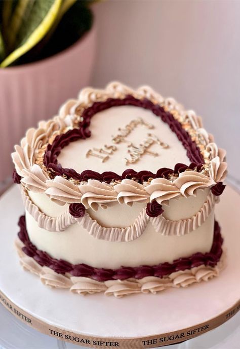 Red And Gold Tiered Cake, Plum Cake Decoration Ideas, Burgundy Birthday Cake For Women, Fall Design Cakes, Brown Heart Shaped Cake, Lambeth Heart Wedding Cake, Two Tier Vintage Heart Cake, Chocolate Heart Cake Birthday, Fall Cake Inspiration