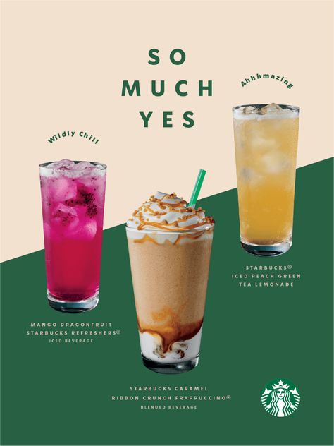 Starbucks Creative Ads, Starbucks Design Poster, Starbucks Graphic Design, Coffee Video Ideas, Starbucks Ads, Starbucks Poster, Peach Green Tea Lemonade, Drink Ads, Coffee Poster Design