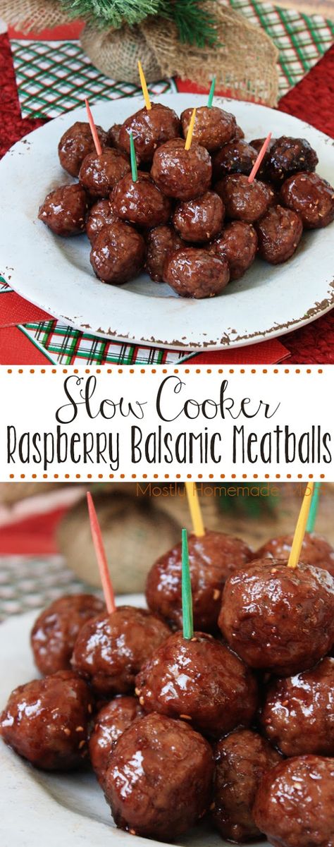 Slow Cooker Raspberry Balsamic Meatballs - the perfect glazed meatballs for a party! Raspberry preserves, balsamic vinegar, Worcestershire sauce, and seasonings make the perfect bite-sized appetizer recipe! Slow Cooker Frozen Meatballs, Balsamic Meatballs, Jalapeno Recipes Appetizers, Friendsgiving Recipes Appetizers, Meatballs Appetizer, Pilsbury Recipes, Pepperoni Recipes, Crockpot Appetizers, Diy Dessert