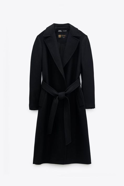 Zara Belted Wool Blend Coat Schwarzer Mantel Outfit, Black Wool Coat Women, Black Wrap Coat, Zara Wool Coat, Long Black Wool Coat, Black Coat Outfit, Belted Wool Coat, Zara Coat, Long Black Coat