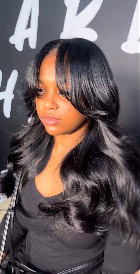 Lace Front Curtain Bangs, Girl With Black Hair And Curtain Bangs, Curtain Bangs Wig Install, Sew In Weave With Curtain Bangs, Wigs With Curtain Bangs For Black Women, Curtain Bangs Black Women Layered, Curtain Bangs Closure, Sew In Weave With Closure Curtain Bangs, Middle Part Hairstyles With Bangs