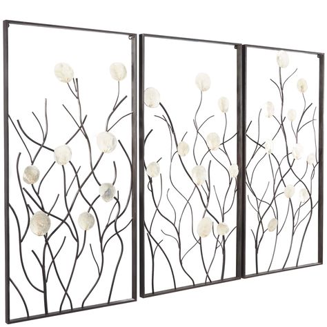 "Get the Black Metal Floral Wall Decor with Capiz Accents Set of 3 20\", 40\" at Michaels. com. Give your home a personalize touch and bring your creative vision to life. Decorate with ease with our eclectic range of home decor. Decorate with fun with Iris And Ivory Designed with a natural influence for a timeless style that brings a cozy and organic feel to the home. Solid iron and capiz shells provide this natural wall decor set chic and durable structure. Satin black and pearl white finish co Coloured Walls, Metal Wall Art Panels, Colored Walls, Wall Art Panel, Black Metal Wall Art, Metal Wall Plaques, Ring Hook, Botanical Wall Decor, Botanical Artwork