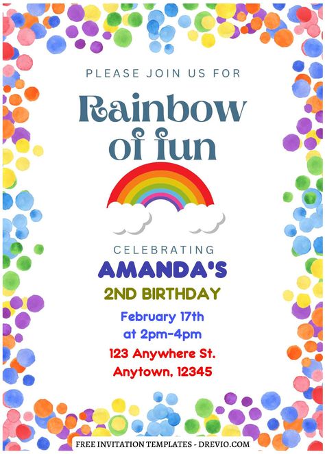 Rainbow Birthday Invitations Free, Birthday Invitation Template Free Editable, Rainbow Kids Party, Rainbow Party Invitations, Rainbow Invitation, Rainbow Birthday Invitations, Rainbow Invitations, Bday Invitations, Colorful Invitations