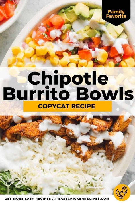 My whole family loves eating these flavor-packed burrito bowls filled with seasoned chicken breast, rice, and tons of other tasty ingredients. Inspired by the ever-popular Chipotle bowls, I found that making this copycat chicken burrito bowl recipe at home is just as easy, and even more delicious! It takes less than 30 minutes to throw them together, it's totally customizable, and it's great for meal prep or easy lunches. Chicken Burrito Bowl Recipe, Chipotle Copycat, Chipotle Recipes Chicken, Burrito Bowl Recipe, Chipotle Recipes, Chipotle Burrito, Chicken Bowl Recipe, Burrito Bowls Recipe, Mexican Chicken Recipes