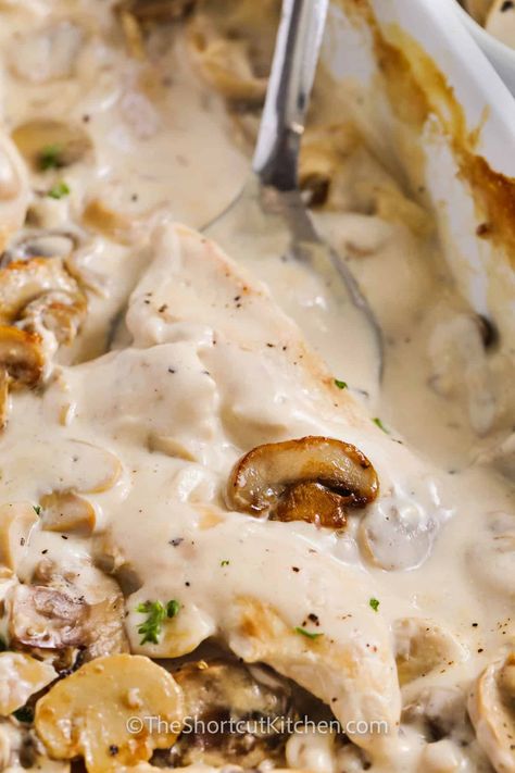 This creamy chicken mushroom casserole, with sautéd chicken and a savory mushroom soup cream cheese sauce, is a comforting entree that is so simple! For a low carb option, serve over zucchini noodles. Creamy Chicken Mushroom Rice Casserole, Chicken And Rice With Cream Of Mushroom Soup, Cream Of Mushroom Chicken Casserole, Creamy Mushroom Chicken Bake, Cream Of Mushroom Chicken Bake, Chicken Mushroom Spinach Recipes, Chicken Rice Cream Of Mushroom, Cream Of Mushroom Soup Recipes With Chicken, Easy Chicken And Mushroom Recipes