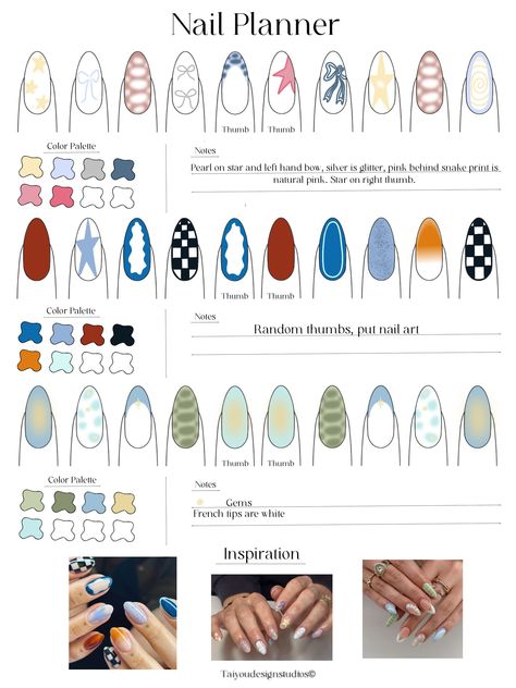 Nail art planning made digitally and easily. More space and more ideas in one go. This planner includes a color palette, and a inspiration space at the bottom. If youre a nail tech and want to build a following online and gain more clients. You're gonna have to be good at your craft.  The best way to get better is to practice your nail art and plan on paper first before you waste your products. If you have an iPad or don't, nail templates are a nail tech's essential! They can also be printed out Nail Model Cute, Nail Art Planner Template, Nail Digital Art, Simple Nails Design For Beginners, Nail Art Palette, Nail Layout Design, Cool Nail Inspo Summer, Nail Art Planner, Nail Planner Template