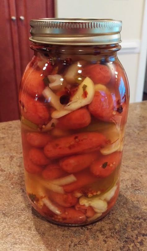 Spicy Pickled Sausage Recipe, Penrose Hot Sausage Recipe, Pickled Bologna Recipe, Pickled Sausage Recipe, Hot Sausage Recipes, Pickled Meat, Pickled Sausage, Pickled Eggs Recipe, Pickled Vegetables Recipe