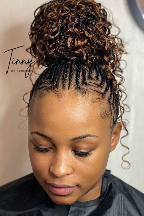 Cornrows Braids Updo Ponytail, Hair Styles Straight Up, Fishtail Rasta Hairstyles With Braids, Cornrow High Bun, Stitch Braids Into Low Bun With Curls, Feed In Braids Cornrows Updo, Up Do Cornrow Hairstyles, Straight Up Hairstyles For Black Women, Straight Back With Braids At The Back