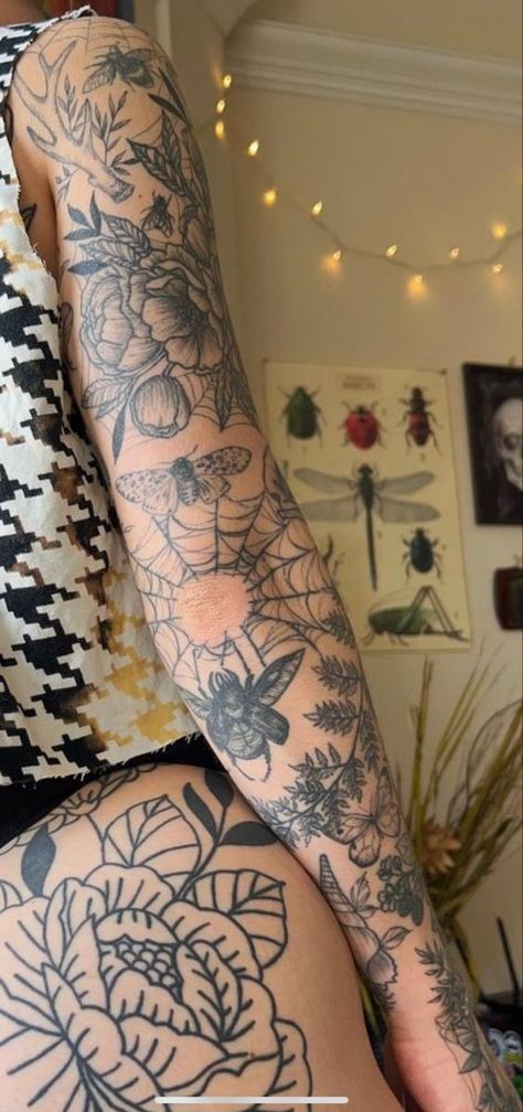 Patchwork Sleeve Tattoo Flowers, Women’s Nature Tattoo Sleeve, Whimsical Tattoo Arm Sleeve, Bugs Sleeve Tattoo, Cottagecore Tattoos Sleeve, Whimsical Patchwork Sleeve Tattoo, Dark Feminine Forearm Tattoo, Arm Tattoos For Women Nature, Flower Gap Filler Tattoo