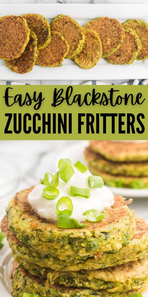 Blackstone Zucchini Fritters - grillonadime.com Zucchini Recipes Blackstone, Blackstone Zucchini Recipes, Zucchini Blackstone, Zucchini On The Blackstone, Fritters Zucchini, Blackstone Ideas, Squash Patties, Grilled Zucchini Recipes, Squash Cakes