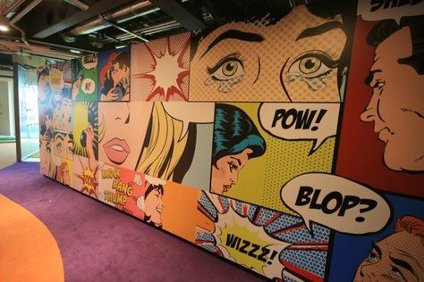 BAM Pop Art Mural Wall, Retro Wall Painting, Comic Mural, Pop Art Office, Pop Art Mural, Pop Art Party, Comic Pop Art, Office Mural, Pop Art Wall