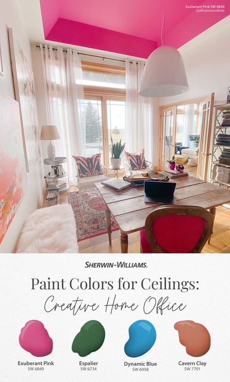 Put some play in your workspace by painting the ceiling of your home office in a fabulous, fun color from Sherwin-Williams. Balance your bright or bold color choice with walls in Alabaster SW 7008. Love these hues? Tap this pin to order free color chips delivered in the mail! Thanks for sharing your #SWColorLove, @allisonroundtree (on Instagram). #sherwinwilliams #homeoffice #office #paint #ceiling #ceilingpaint #colorinspiration #diy #interiordesign #deco Bright Paint Colors For Home, Therapy Office Paint Colors, Paint Colors For Home Office, Bright Office Colors, Colors For Home Office, Painting The Ceiling, Paint Ceiling, Pink Coastal, Ceiling Paint Colors