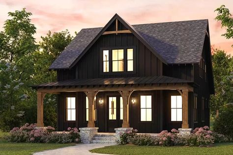 House Plan Screened Porch, Black Siding House Exterior, 2 Bedroom With Loft House Plans, Board House, Wraparound Porch, American Farmhouse, Open Dining Room, Farmhouse Plan, Barn Style House