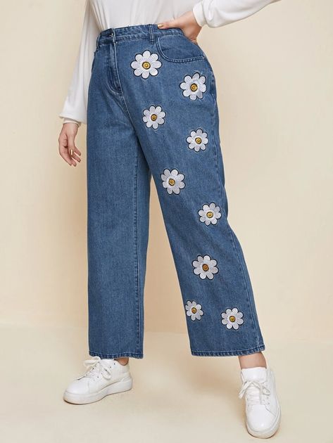 Plus Floral Embroidery Baggy Jeans | SHEIN USA Baggy Clothes Aesthetic Girl, 70s Aesthetic Fashion, Plus Size Gym Outfits, Fashion Nova Plus Size, Fancy Shirt, Girls Crop Tops, Baggy Clothes, Trendy Dress Outfits, Painted Jeans