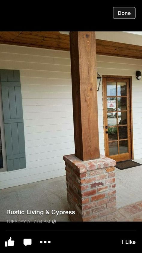 Wood Posts Front Porch, Porch Post Ideas, Porch Beams, Front Porch Posts, Brick Pillars, Brick Porch, Brick Columns, Cedar Posts, Porch Remodel