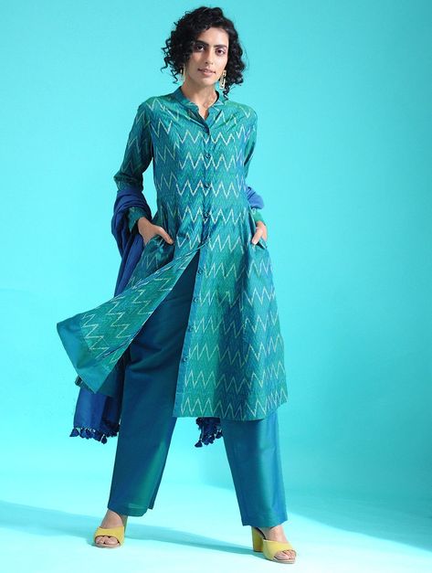 Buy Green Ikat Silk Cotton Kurta Women Kurtas Online at Jaypore.com Ikkat Kurta Designs, Kurta Outfit, Printed Kurti Designs, Kurta Women, Silk Kurti Designs, Green Ikat, Desi Outfits, Ikat Dress, Kurta Style