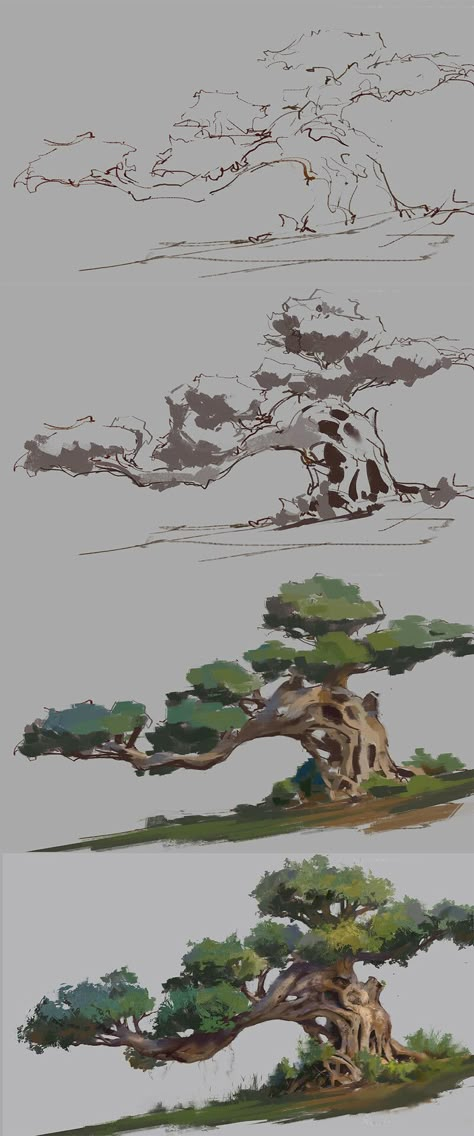 ArtStation - Tree 1, Cheng Chen Drawing Foliage, Shading References, Art Exercises, Art Tut, Environment Painting, Concept Art Tutorial, Digital Painting Techniques, Color Study, Digital Art Beginner