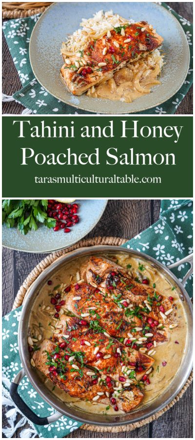 Tahini and Honey Poached Salmon on a plate and in a steel saucepan. Salmon Tahini, Seafood Lasagna Recipes, Seafood Gumbo Recipe, Meatball Appetizer Recipe, Tahini Recipe, Crazy Kitchen, Seafood Boil Recipes, Poached Salmon, Best Seafood Recipes