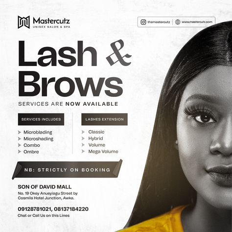 Lashes and Brows black and white salon design/poster Beauty Salon Flyer Design Inspiration, Lashes Flyer Design, Advert Design Ideas, Salon Poster Design Beauty, Beauty Salon Advertising Ideas, Lash Flyer Ideas, Beauty Salon Poster Design, Beauty Salon Graphic Design, Salon Poster Design