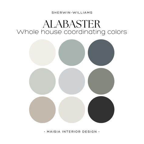 Discover the timeless elegance of Sherwin Williams' ALABASTER paint palette, ideal for creating a Modern Farmhouse Paint Color palette throughout your home, offering the best whole house paint palette idea with Alabaster serving as the coordinating color choice. These colors have been hand selected by me to create a cohesive Paint Color Scheme that work perfectly together and will give your home a designer touch. Sherwin Williams offers an extensive range of paint colors, each with its distinct Whole House Sherwin Williams Paint, Green Bedroom Paint Colors Sherwin Williams, Home Depot Interior Paint Colors, Bathroom Paint Colors Dark Cabinets, Main House Paint Color, Light Color Schemes For The Home, California Casual Color Scheme, Home Color Palette 2024, Galley Kitchen Paint Colors