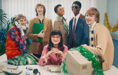 Channeling the retro vibe of holiday office parties in the 90s with the new Gucci Gift campaign. - Gucci Stories Awkward Dancing, Gucci Campaign, Pietro Lombardi, Gucci 2020, Gucci Gift, Christmas Campaign, Houndstooth Fabric, Retro Office, Holiday Campaign