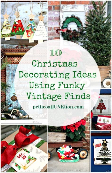 10 Creative Christmas Decorating Ideas using Vintage finds and funky junk. Crazy Christmas Decorations, Upcycled Christmas Decorations, Recycled Diy, Upcycled Christmas, Recycled Christmas, Repurposing Ideas, Vintage Christmas Crafts, Thrift Store Decor, Upcycling Projects