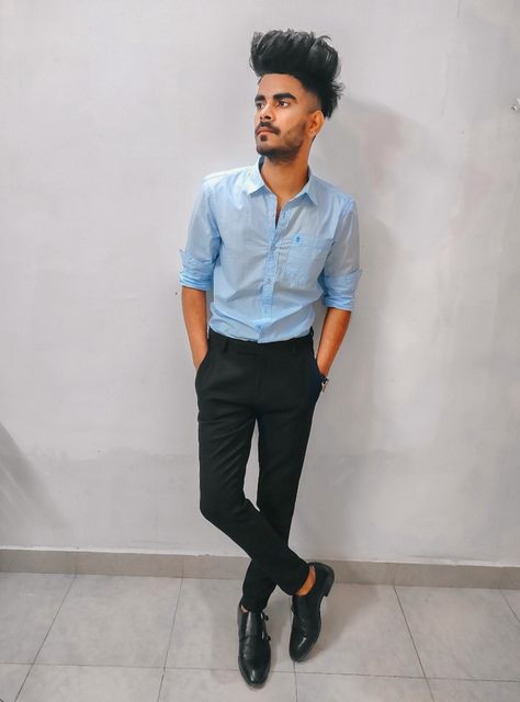 Men's Formal look Men's Formal Wear, Light Blue Shirt, Blue Shirt, Formal Wear, Black Pants, Light Blue, Pants, Blue, Black