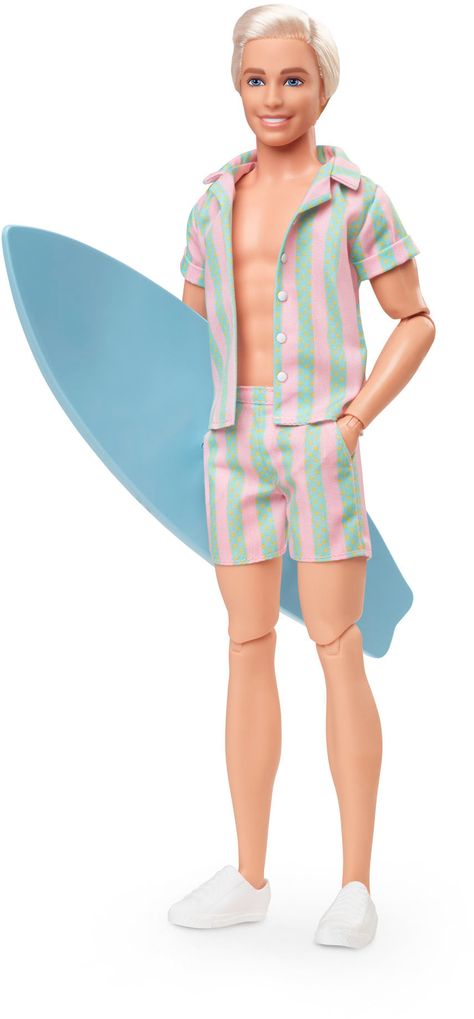 Greetings from Barbie Land! Inspired by Ken's character in Barbie The Movie, this Ken doll wears a beachy, striped matching set. With a surfboard in tow, he's having the best day ever in Barbie Land! Celebrating Barbie The Movie, this Ken doll makes a great gift for fans and collectors alike. Doll cannot stand alone. Barbie Store, Barbie Land, Barbie The Movie, Pink Gingham Dress, Custom Barbie, Barbie Clothes Patterns, Trendy Beach, Movies Outfit, Barbie Party